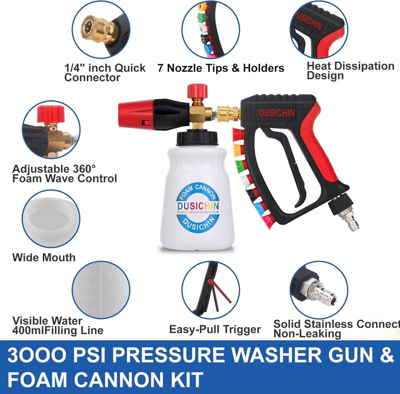 DUSICHIN Short Pressure Washer Gun Swivel Joint 4000 PSI Foam Cannon Lance,7 Pressure Washer Nozzle Tips Car Wash Foam Gun 7 Tip Slots 3/8'' Swivel Quick Connector,M22-14mm M22-15mm Fitting DUS2912 - Image 4